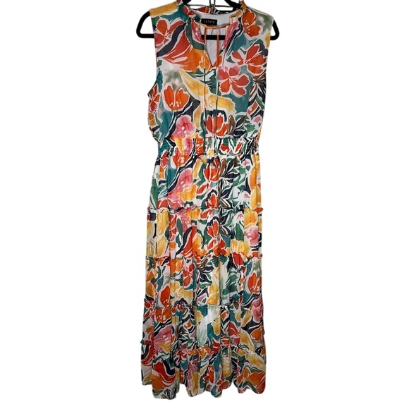 1. State Dresses & Skirts - 1. State Size L Tiered Sleeveless Multicolor Ruffle Floral Maxi Dress smocked